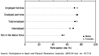 Graph: Participants, Sports and physical recreation—By labour force status and sex