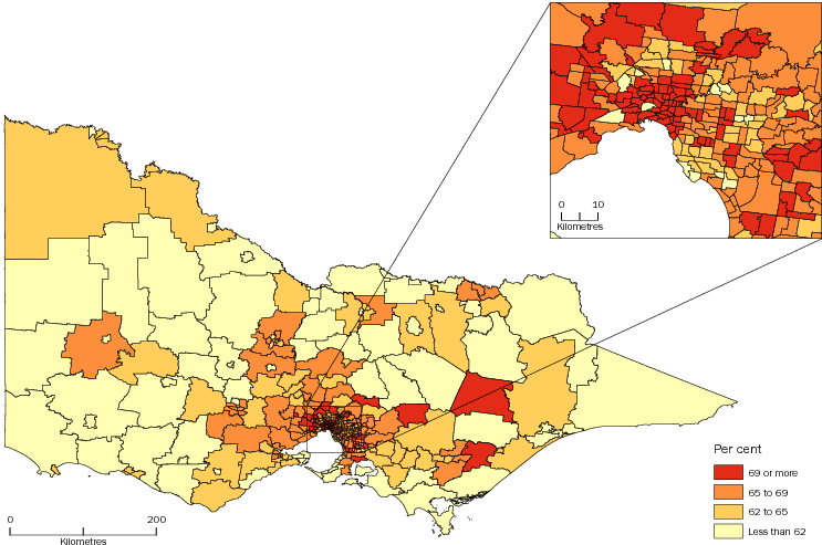 Diagram: WORKING AGE POPULATION (AGED 15–64 YEARS), Statistical Areas Level 2, Victoria—30 June 2013