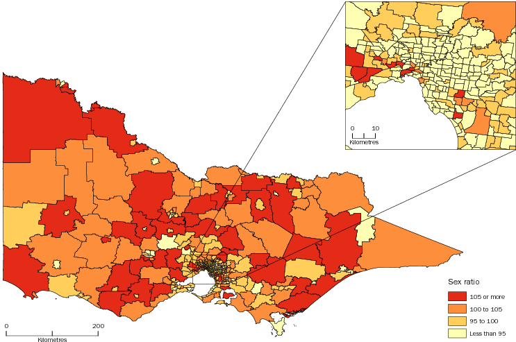 Diagram: MALES PER 100 FEMALES, Statistical Areas Level 2, Victoria—30 June 2013
