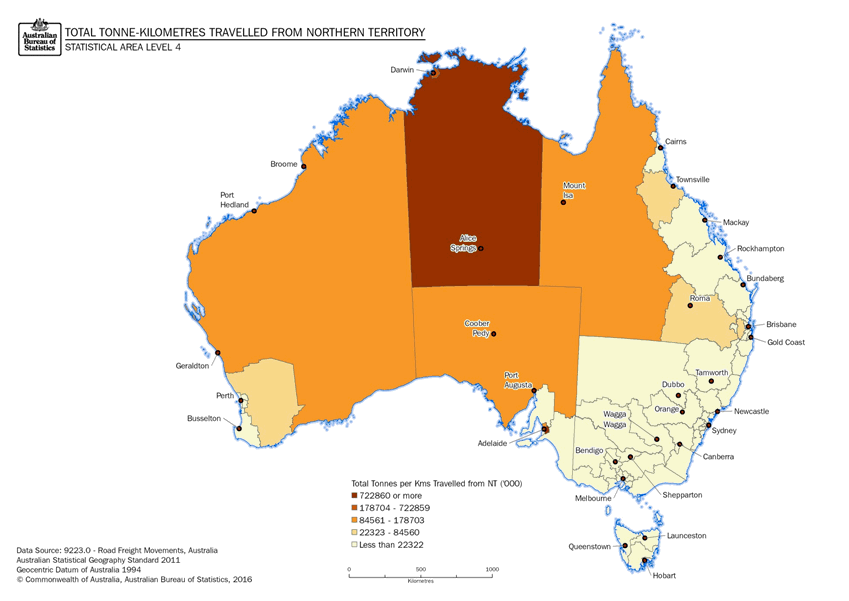 Image: Thematic Maps: Total Tonnes-kilometres Travelled from the Northern Territory by Destination (Statistical Area Level 4)