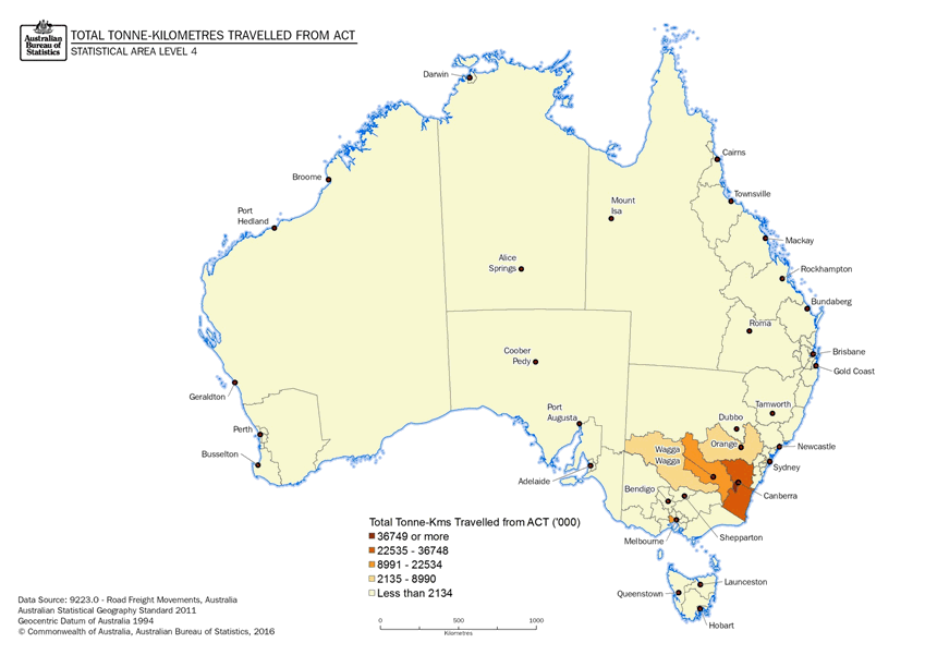 Image: Thematic Maps: Total Tonne-kilometres Travelled from the Australian Capital Territory by Destination (Statistical Area Level 4)