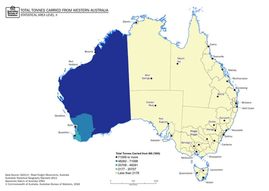 Image: Thematic Maps: Total Tonnes Carried from Western Australia by Destination (Statistical Area Level 4)