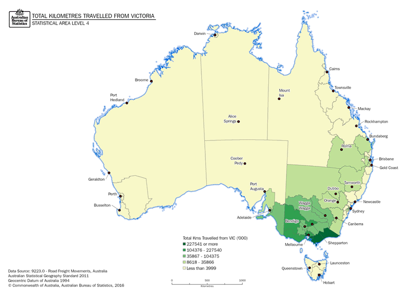 Image: Thematic Maps: Total Kilometres Travelled from Victoria by Destination (Statistical Area Level 4)