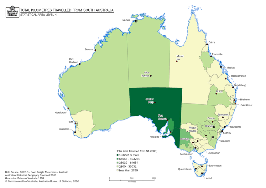 Image: Thematic Maps: Total Kilometres Travelled from South Australia by Destination (Statistical Area Level 4)