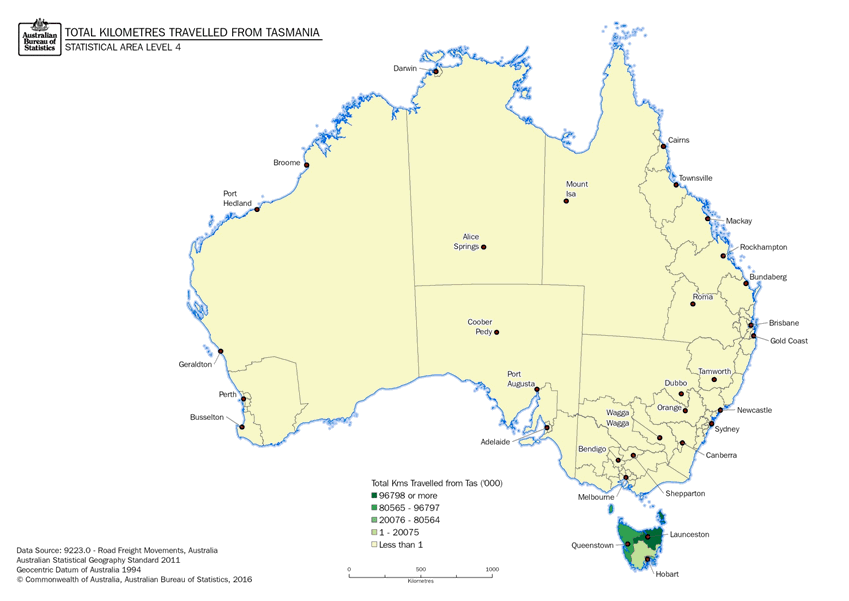 Image: Thematic Maps: Total Kilometres Travelled from Tasmania by Destination (Statistical Area Level 4)