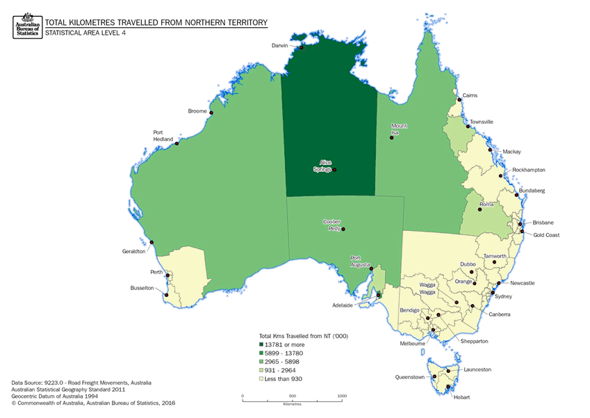 Image: Thematic Maps: Total Kilometres Travelled from the Northern Territory by Destination (Statistical Area Level 4)