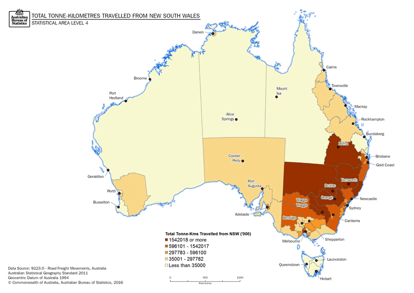 Image: Thematic Maps: Total Tonne-kilometres Travelled from New South Wales by Destination (Statistical Area Level 4)