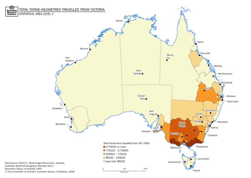 Image: Thematic Maps: Total Tonne-kilometres Travelled from Victoria by Destination (Statistical Area Level 4)