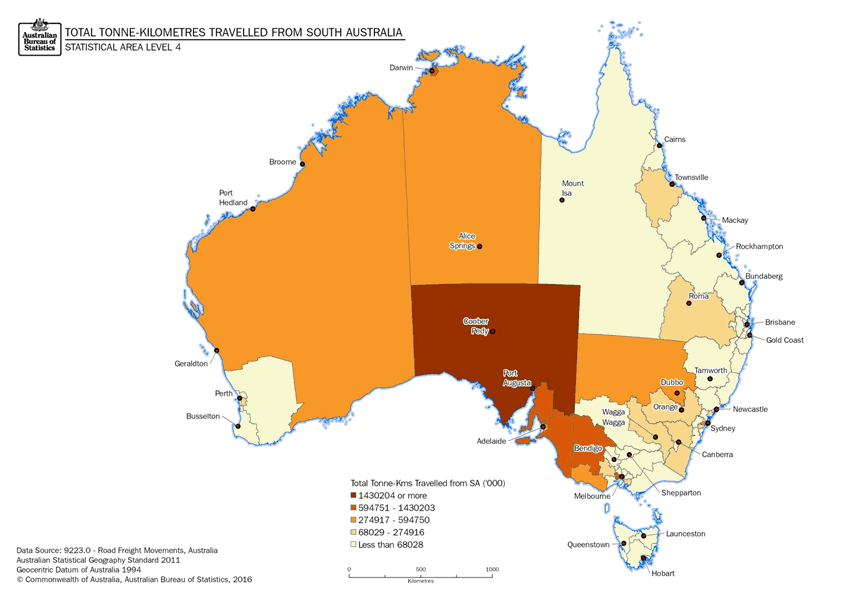 Image: Thematic Maps: Total Tonne-kilometres Travelled from South Australia by Destination (Statistical Area Level 4)