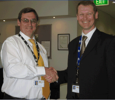 Photo: Vince Lazzaro welcomes Carl Obst as new ABS Victoria Regional Director