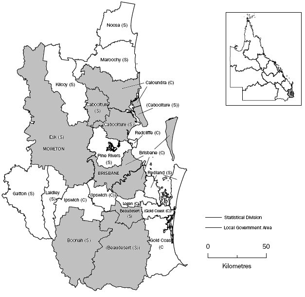 Map - Brisbane and Moreton SDs with alphabetical listing of LGAs of Beaudesert to Esk highlighted