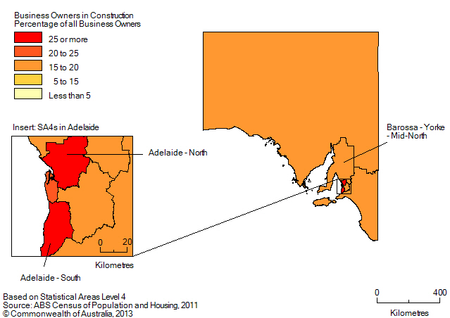 Map: PERCENTAGE OF BUSINESS OWNERS IN THE CONSTRUCTION INDUSTRY BY SA4 (a), South Australia - 2011