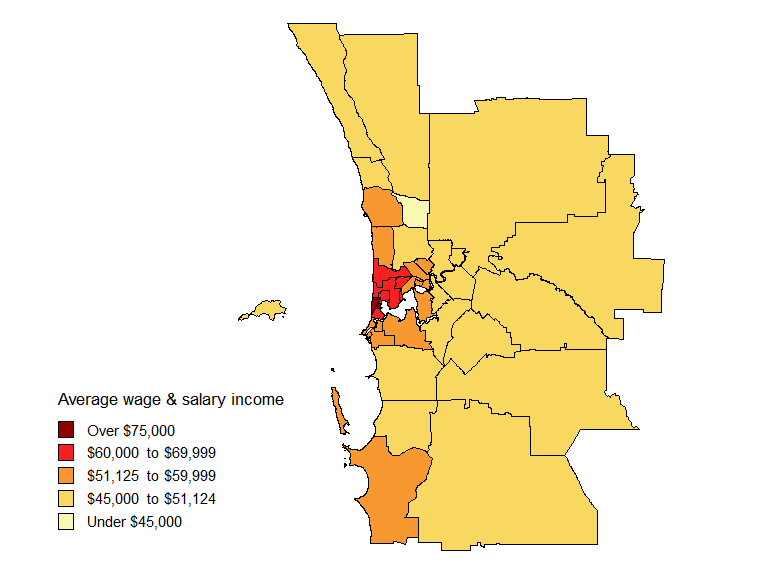 Map showing average Wage and salary incomes  by SLA in the Perth Statistical Division in 2008-09