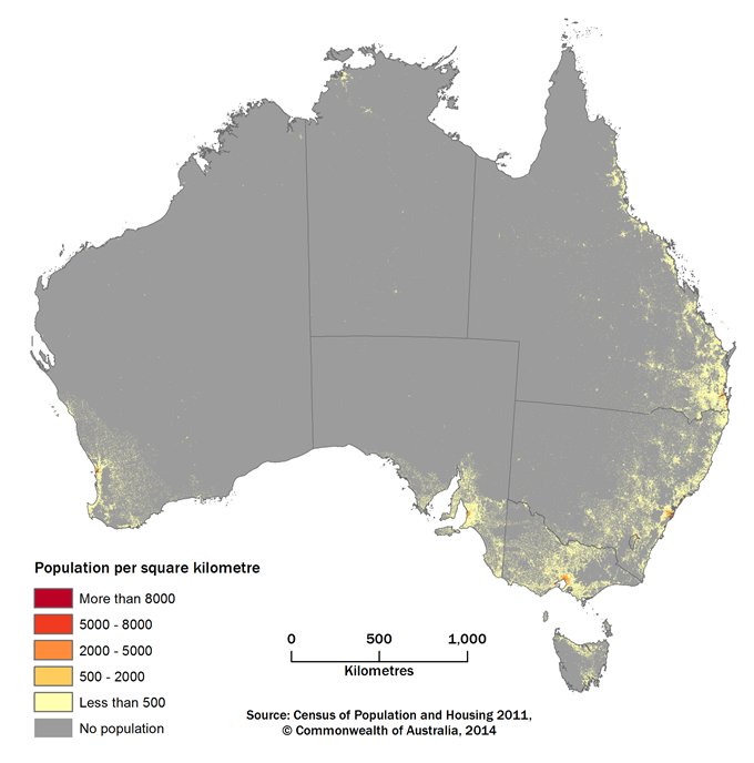 Figure 2, A map of Australia showing the population density in grid cells of 1 square kilometre. Map has same density ranges as Figure 1.