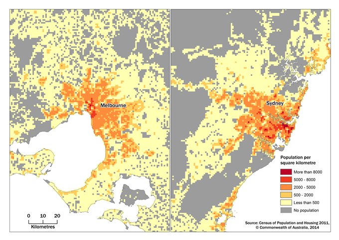 Figure 3, A comparison map of Melbourne and Sydney , showing the population density grid at one square kilomtre grid cells.