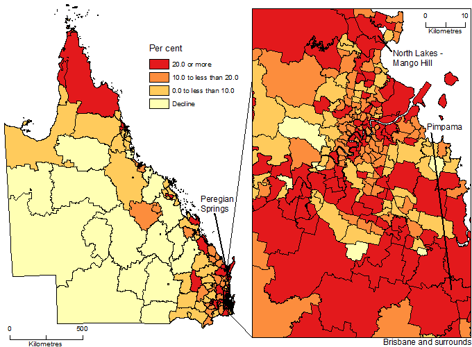 Map of Population change by SA2, Queensland, 2006-16