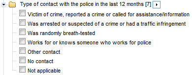 Screenshot from TableBuider - shows the available categories for the data item 'Type of contact with the police in the last 12 months'