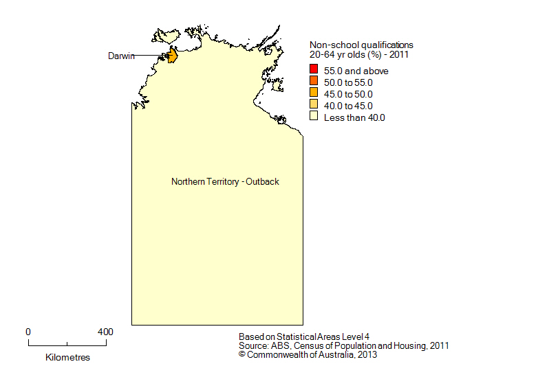 Map: Population with non-school qualifications, 20-64 year olds, Northern Territory, 2011