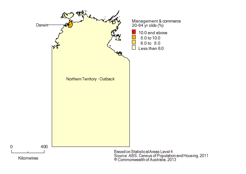 Map: Non-school qualifications in management and commerce, 20-64 year olds, Northern Territory, 2011