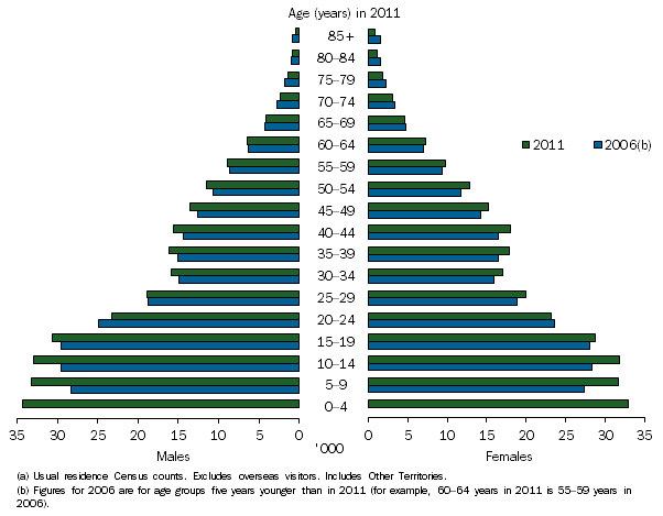Population pyramid shows Aboriginal and Torres Strait Islander males and females aged 20–24 years and 65 years and over were the only cohorts to show a decrease in Census counts between 2006 and 2011