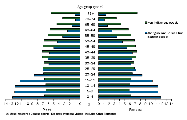 Graph displays the age structure of males and females by Indigenous status. The Aboriginal and Torres Strait Islander population has a higher proportion of younger people and lower proportion of older people than the non-Indigenous population.