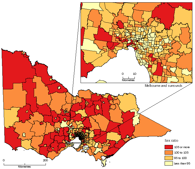 Diagram: MALES PER 100 FEMALES, Statistical Areas Level 2, Victoria - 30 June 2014 