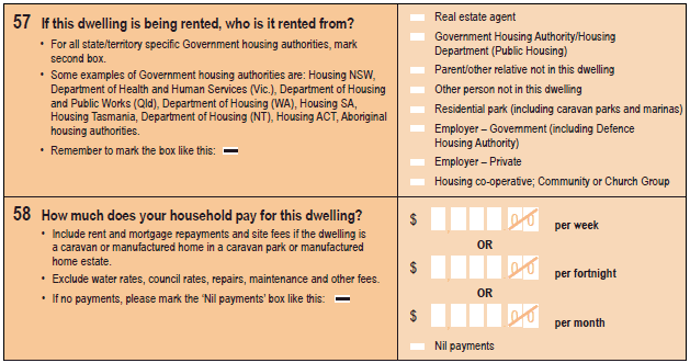 Image: questions 57 and 58 from the paper 2016 Census Household Form.
