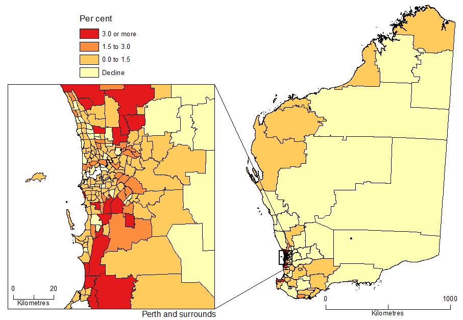 Diagram: POPULATION CHANGE BY SA2, Western Australia - 2014-15