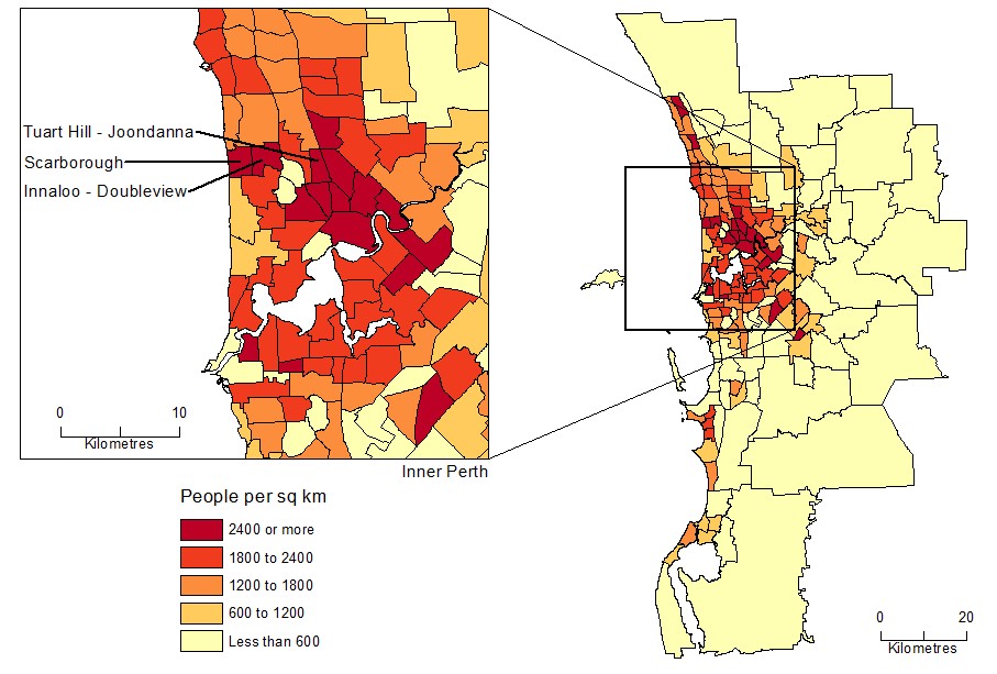 Diagram: POPULATION DENSITY BY SA2, Greater Perth - June 2015