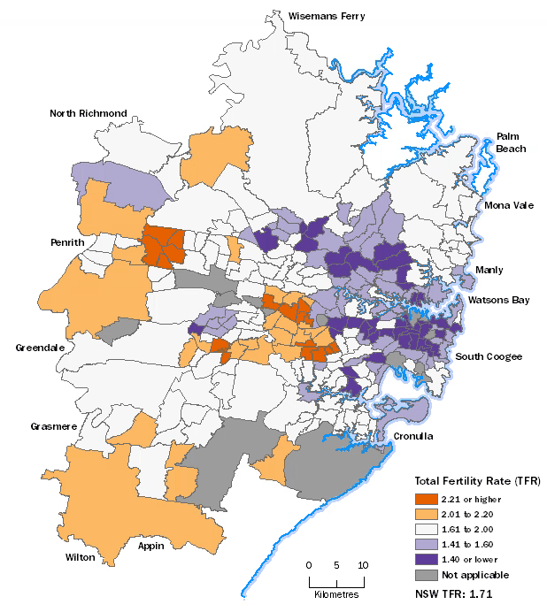2017 Sydney fertility rates by SA2 