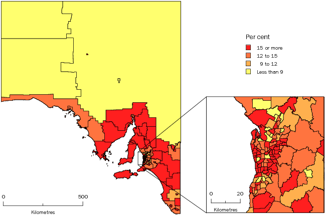 Diagram: POPULATION AGED 65 YEARS AND OVER, Statistical Areas Level 2, South Australia—30 June 2011