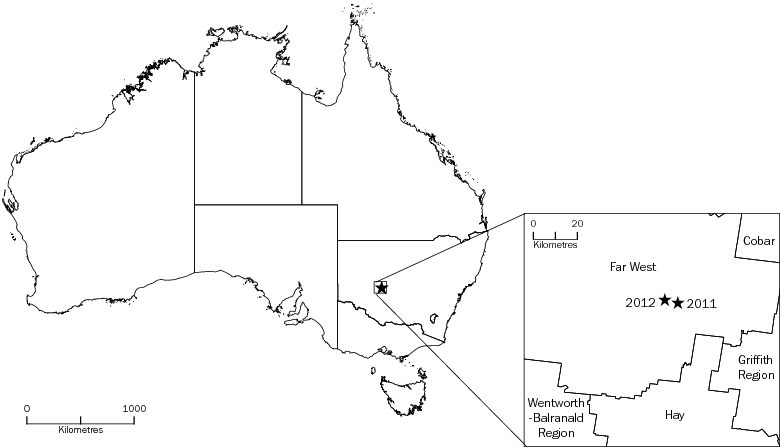 Diagram: CENTRE OF POPULATION, Australia—June 2011 and June 2012
