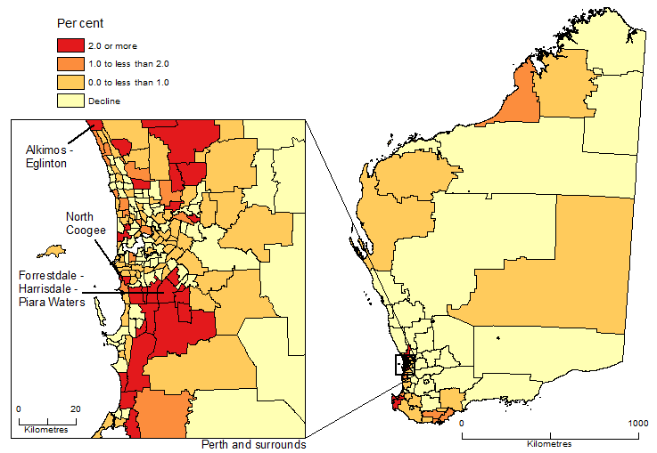 Image: Map showing Population Change by SA2, Western Australia, 2017-18