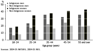 Graph: Obese adults, by Indigenous status, sex and age—2004–05