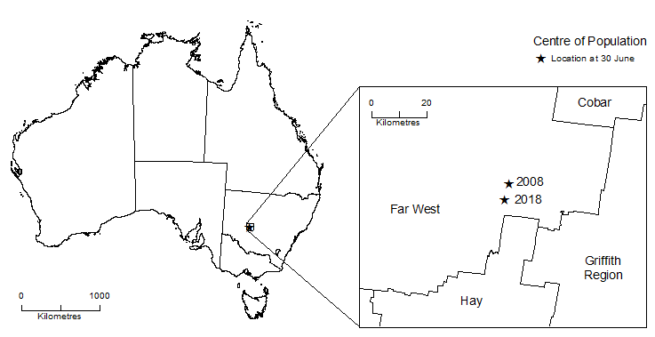 Image: Map showing Centre of Population for Australia, June 2008 and June 2018