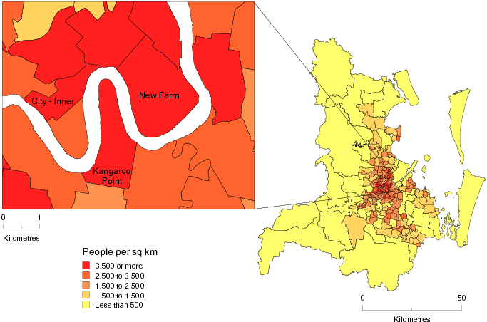 Diagram: POPULATION DENSITY BY SLA, Brisbane SD—June 2011