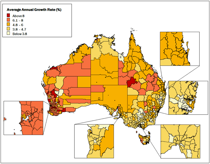 Map: Growth of Average Annual Wage and Salary Income by Local Government Areas, 2003-04 to 2008-09