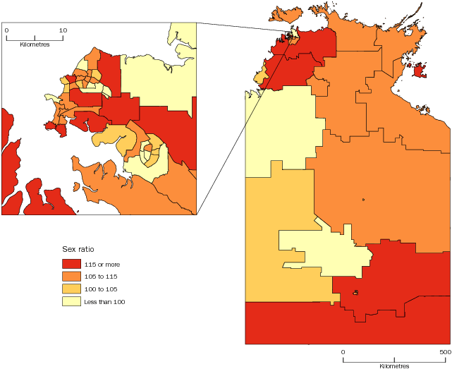 Diagram: MALES PER 100 FEMALES, Statistical Areas Level 2, Northern Territory—30 June 2013