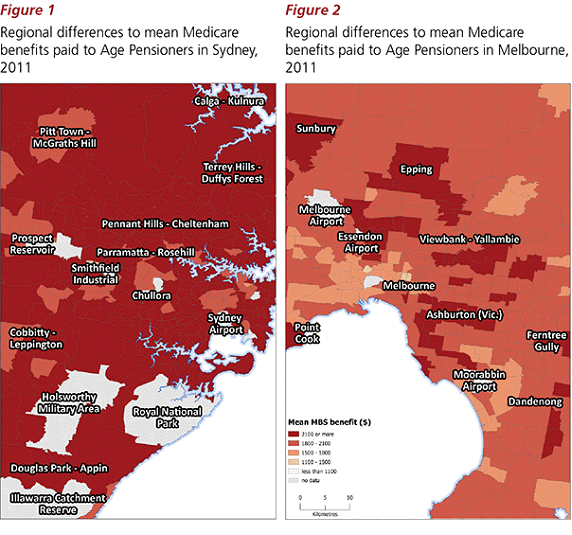 Two maps showing regional differences to mean Medicare benefits paid to Age Pensioners in Sydney, 2011 and Melbourne, 2011