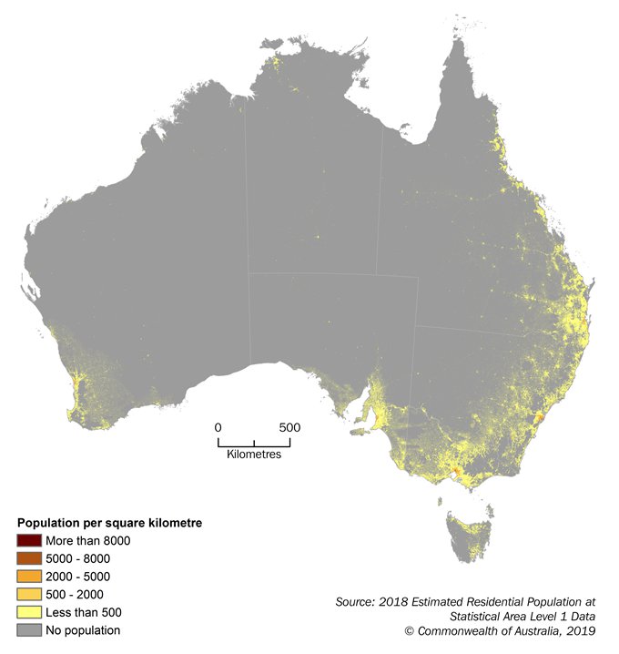 Image: Map showing Estimated Resident Population Density Grid, June 2018