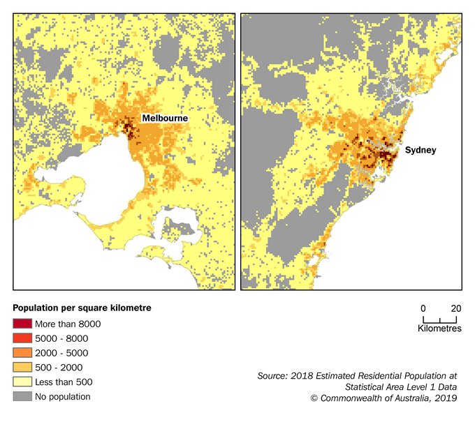 Image: Maps showing Estimated Resident Population Grid around Melbourne and Sydney, June 2018