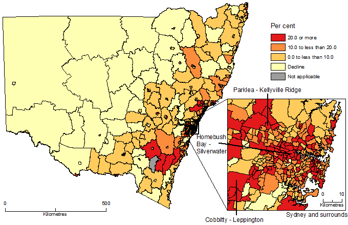 Map of Population change by SA2, New South Wales, 2006-16