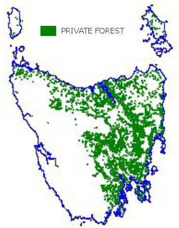 Map showing the area of Tasmania's private forests.