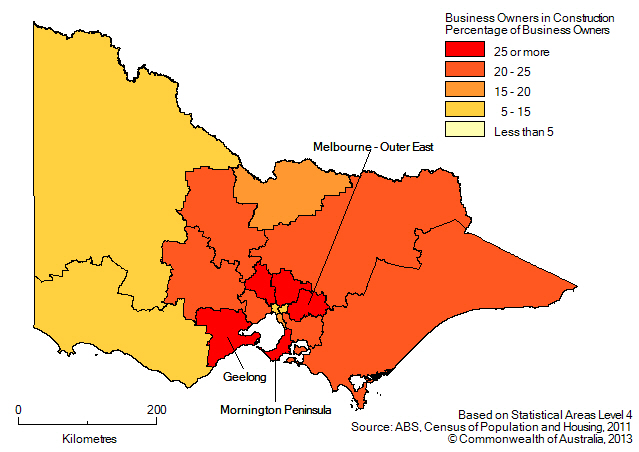 Map: PERCENTAGE OF BUSINESS OWNERS IN THE CONSTRUCTION INDUSTRY BY SA4(a), Victoria - 2011