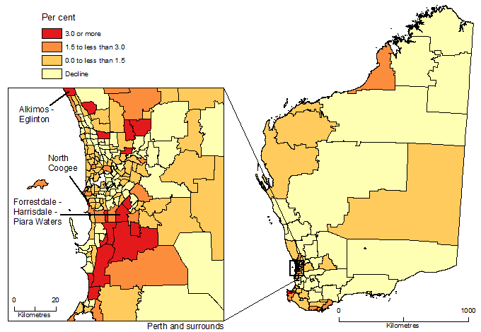 Image: Map showing Population Change by SA2, Western Australia, 2016-17