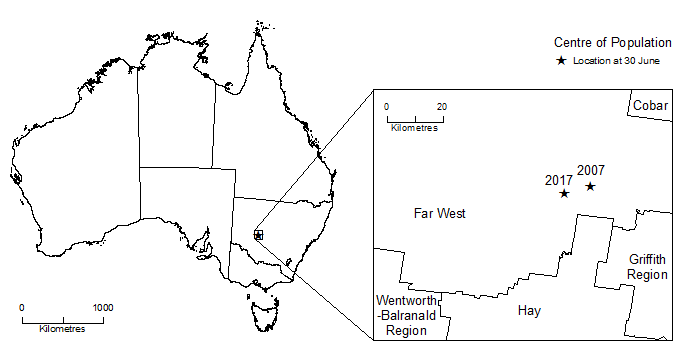 Image: Map showing Australia's Centre of Population, June 2007 and June 2017