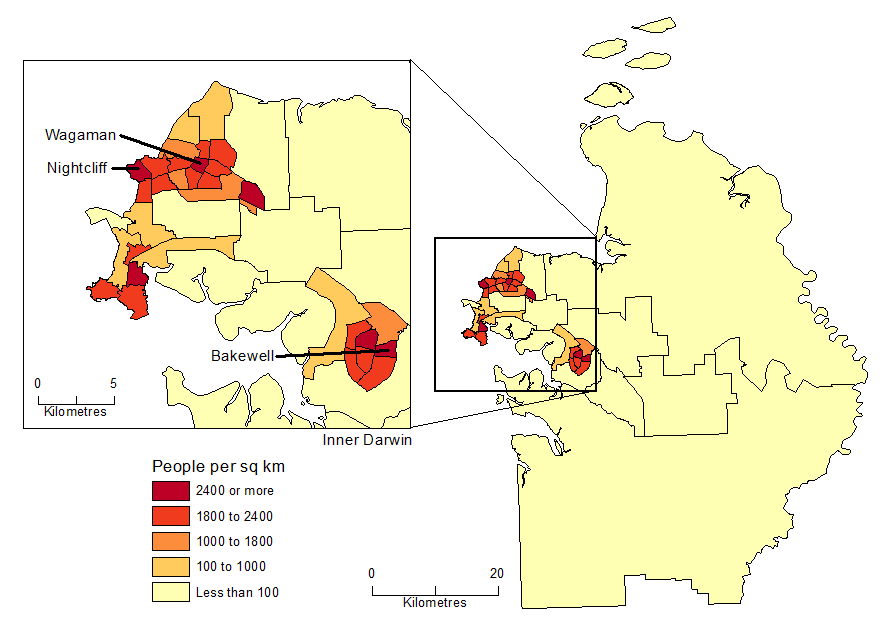 Diagram: POPULATION DENSITY BY SA2, Greater Darwin - June 2015