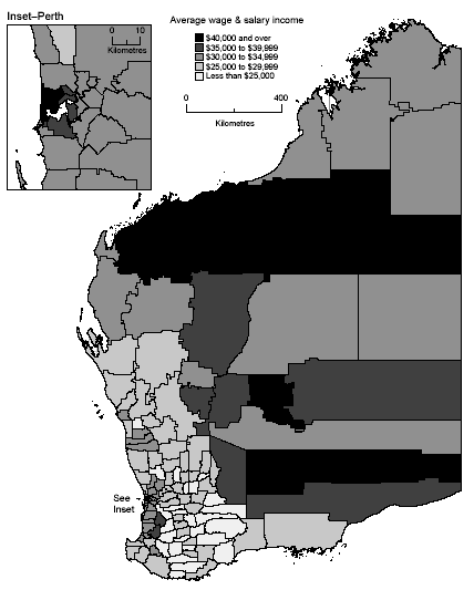 Map: Average Annual Wage and Salary Income, LGAs, Western Australia, 2000-01
