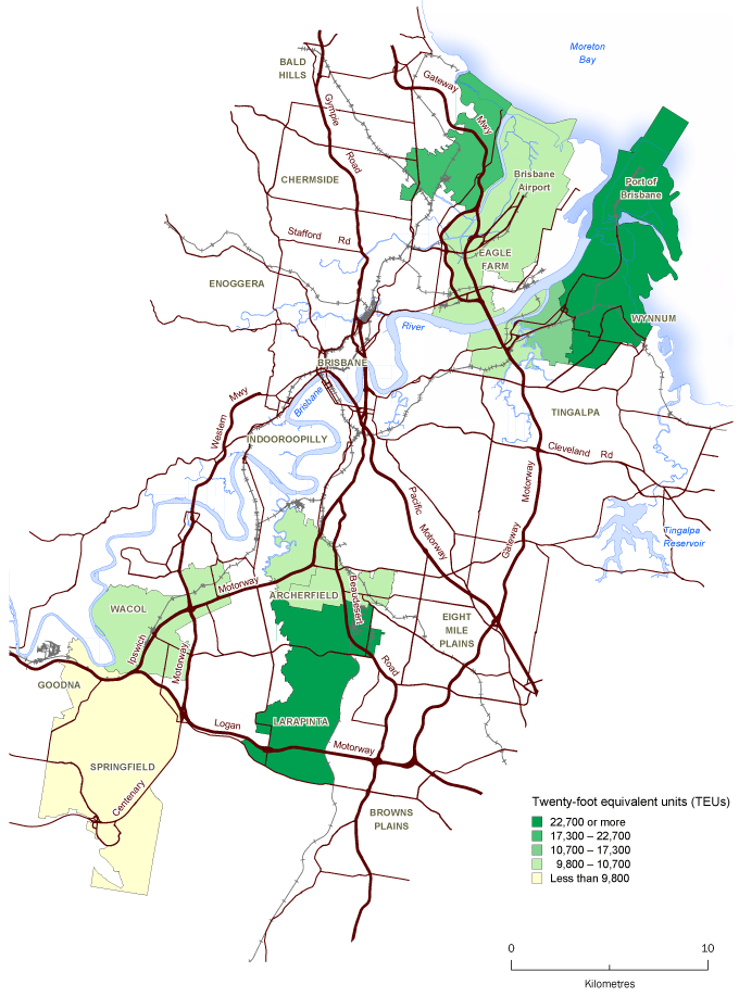 Diagram: MAP 3 - Top 10 container delivery postcodes for TEU totals, imports, Port of Brisbane, 2009-10