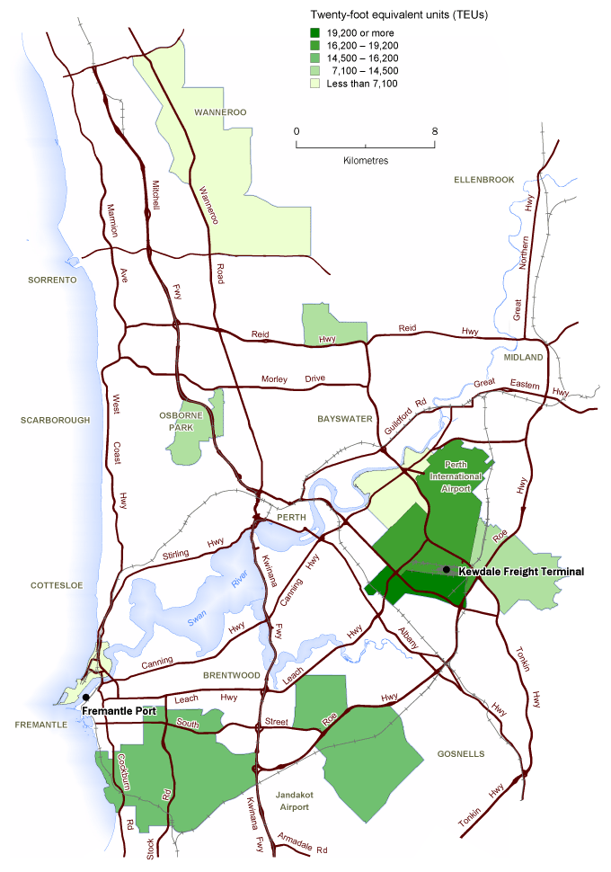 Diagram: MAP 5 - Top 10 container delivery postcodes for TEU totals, imports, Port of Fremantle, 2009-10